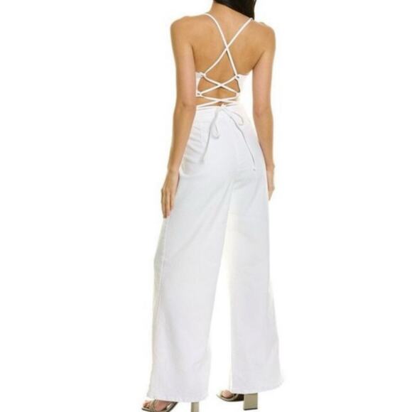 Good American Vacay Denim Jumpsuit Wide Leg Lace up BackTie Back White Sz 2 - Picture 7 of 12
